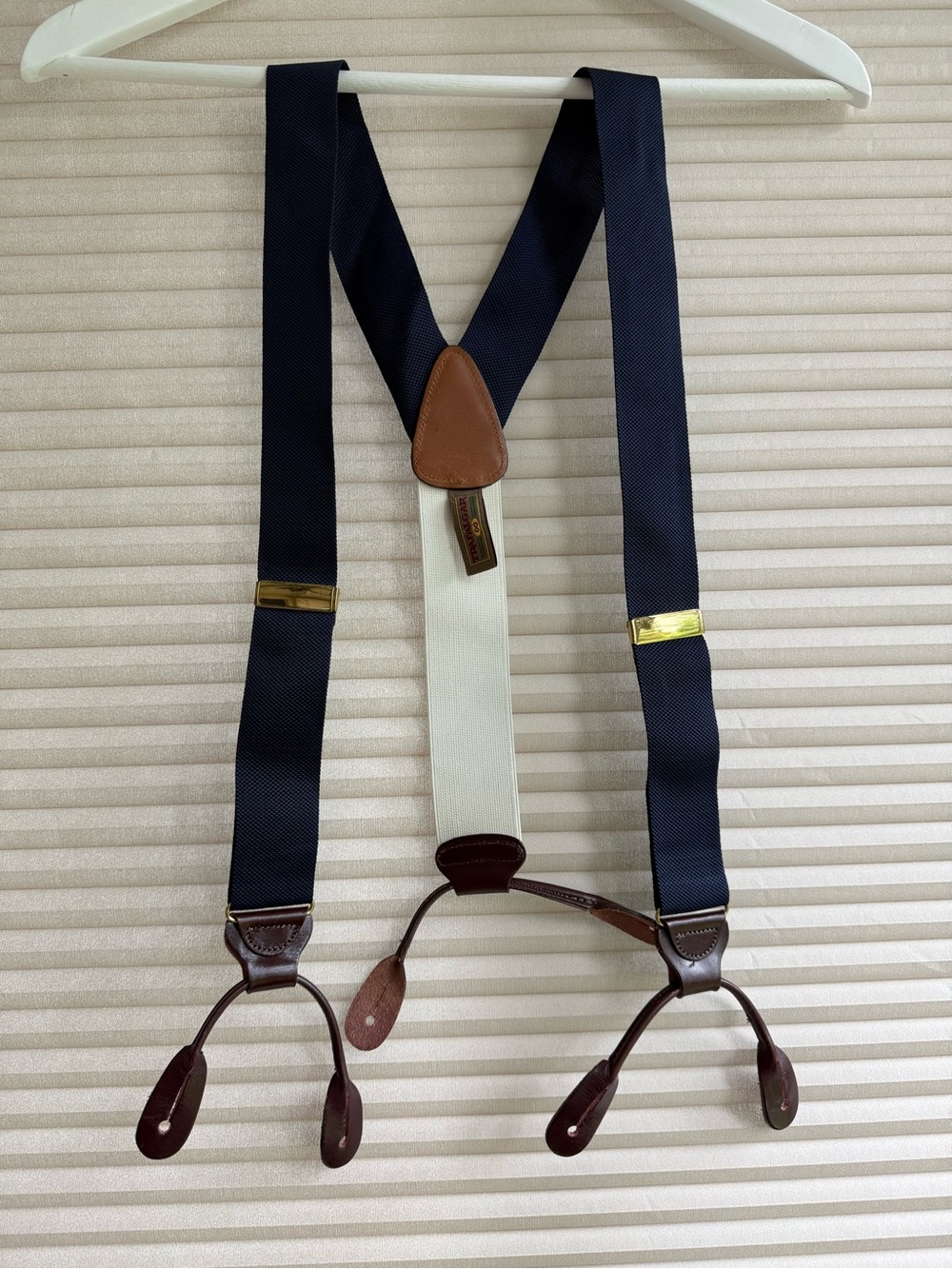 VINTAGE TRAFALGAR NAVY BLUE FABRIC SUSPENDERS BUTTON BRACES LEATHER FITTINGS